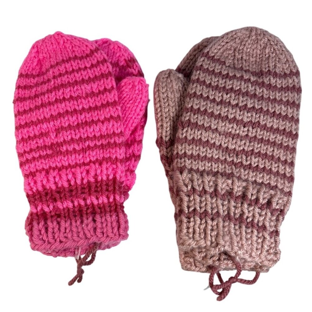Hand Knitted Mittens Kids Pink Striped Mittens 7.5" Long 2 Pairs Winter